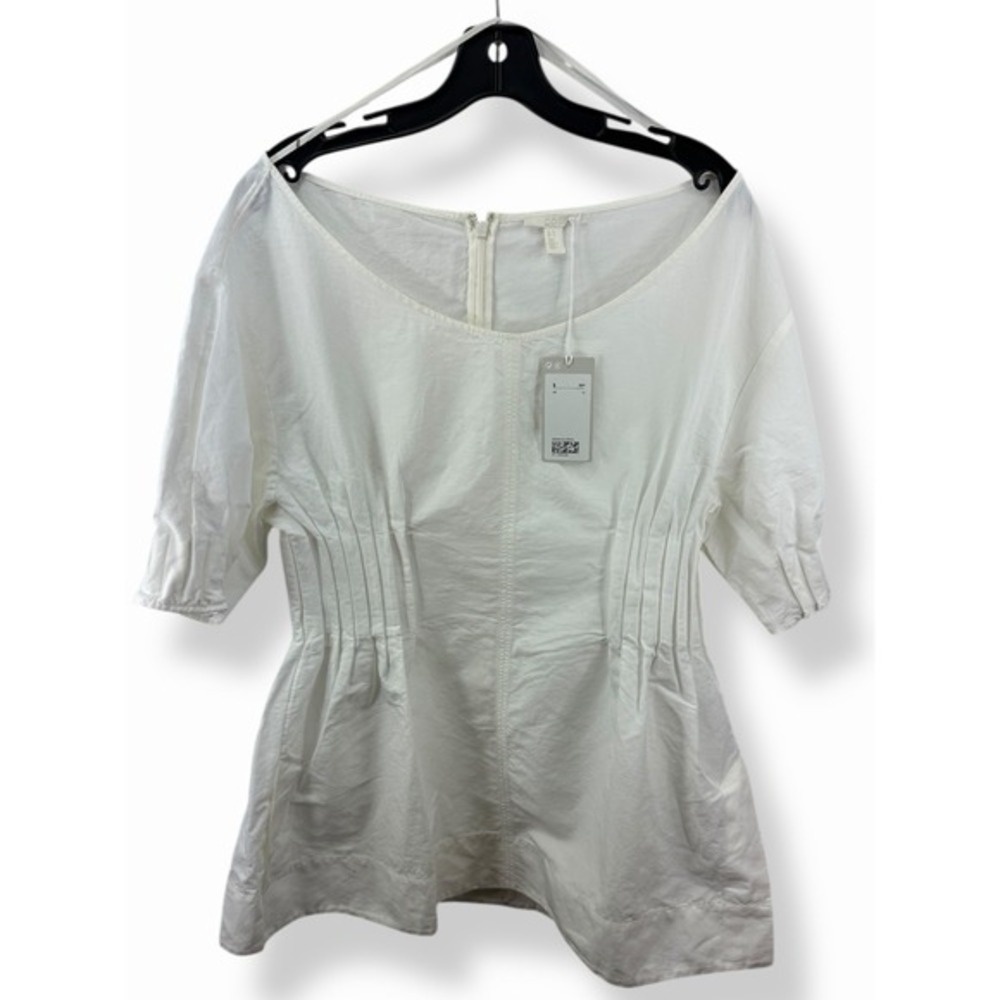 COS Women's Top US‎ 12 White Cotton with Linen Short Sleeve Round Neck Basic NWT